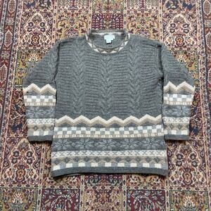 VTG 80s Nomadic Traders Shetland Wool Fair Isle Cable Knit Sweater Gray Brown M